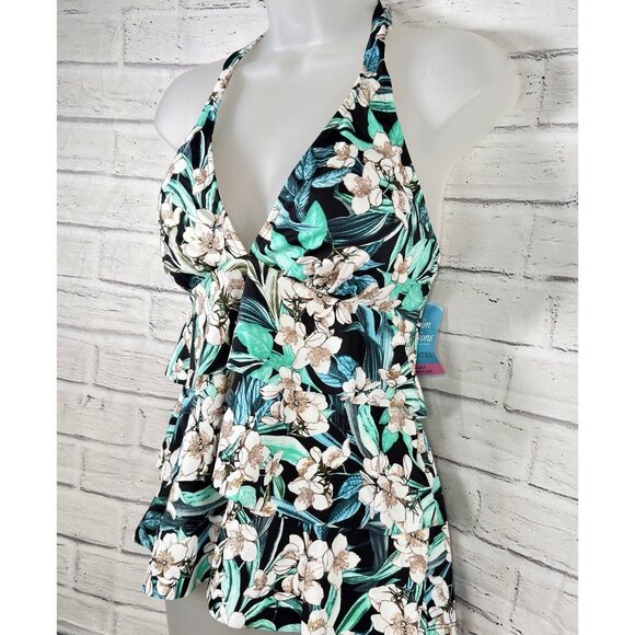Swim Solutions Vintage Bouquet Triple Tier Halter Tankini Black Floral Size 18 - Picture 7 of 9